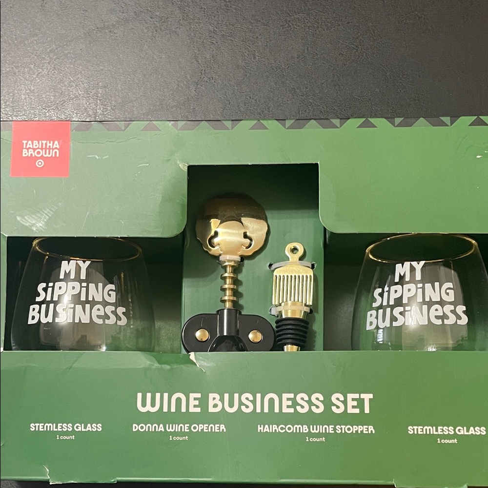 Tabitha Brown Business Wine Set, w two stemless glasses, wine opener & stopper